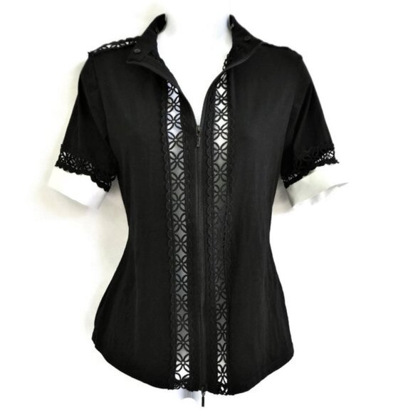 Anne Fontaine Top Zip Front Floral Daisy Cutouts Detachable Collar Stretch 40 M - Picture 2 of 14